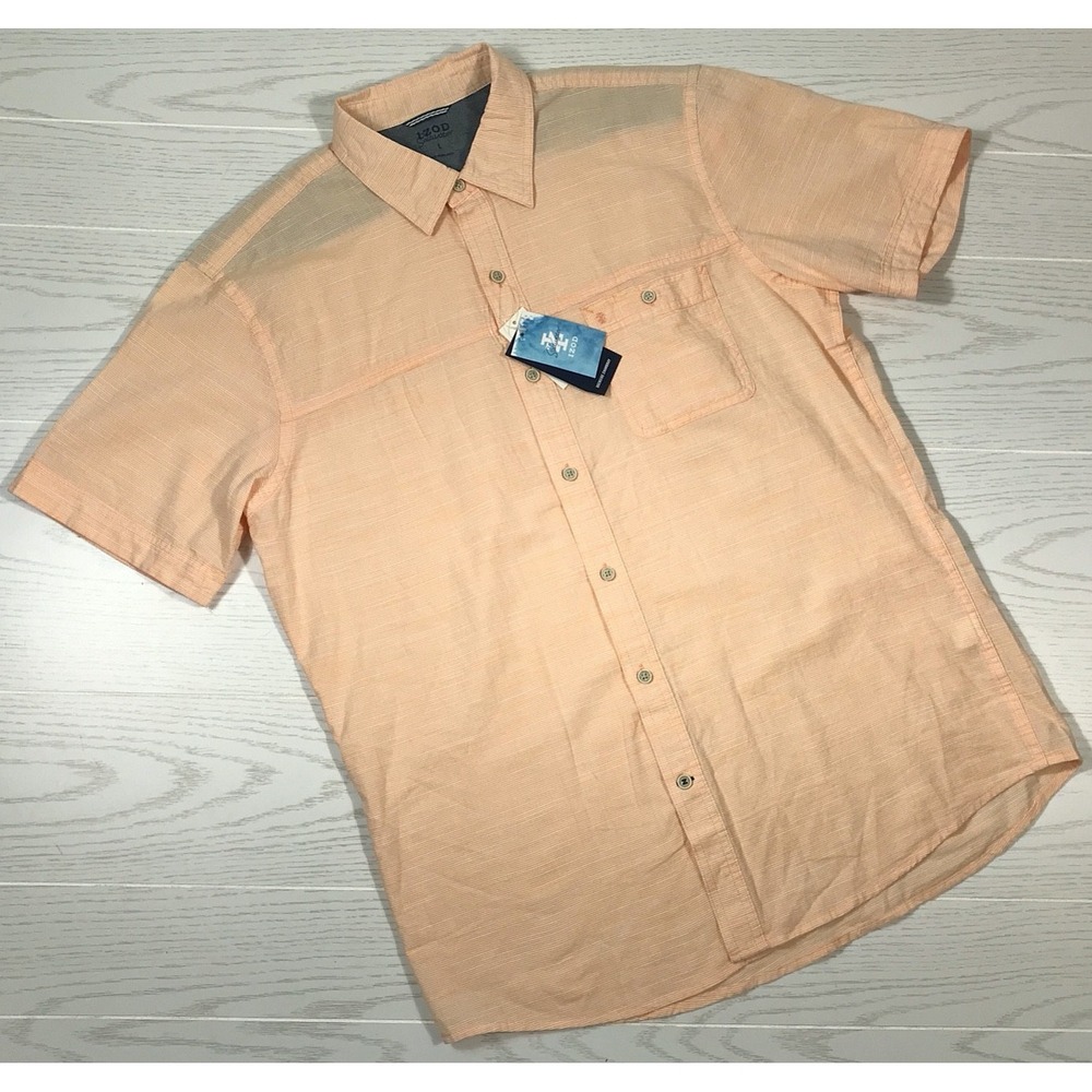 IZOD Saltwater Dockside Chambray Shirt Men L Orange Short Sleeve Button Down New